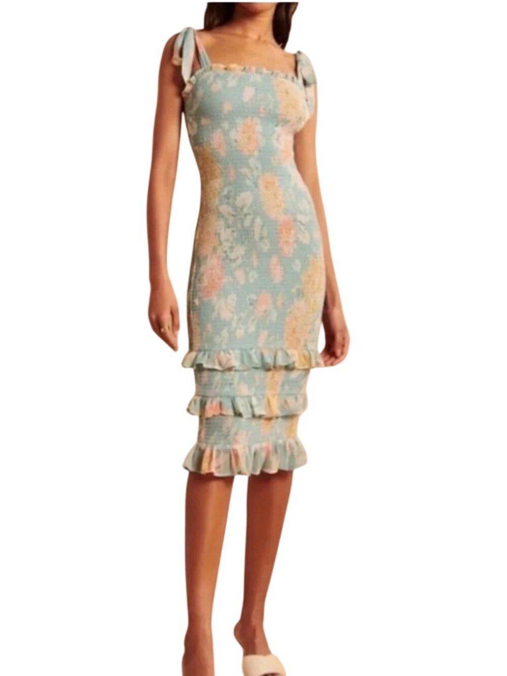 Abercrombie & Fitch Midi Dress Large Tall Tiered Smocked Floral Ruffle DR-1906